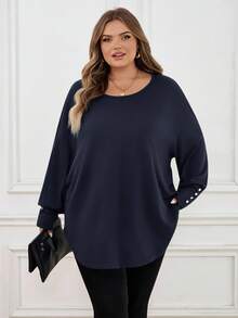 SHEIN CURVE+ Plus Size Women Green Loose T-Shirt, Autumnfall Clothes For Women,Winter,CURVE PLUS - Navy Blue - View 6