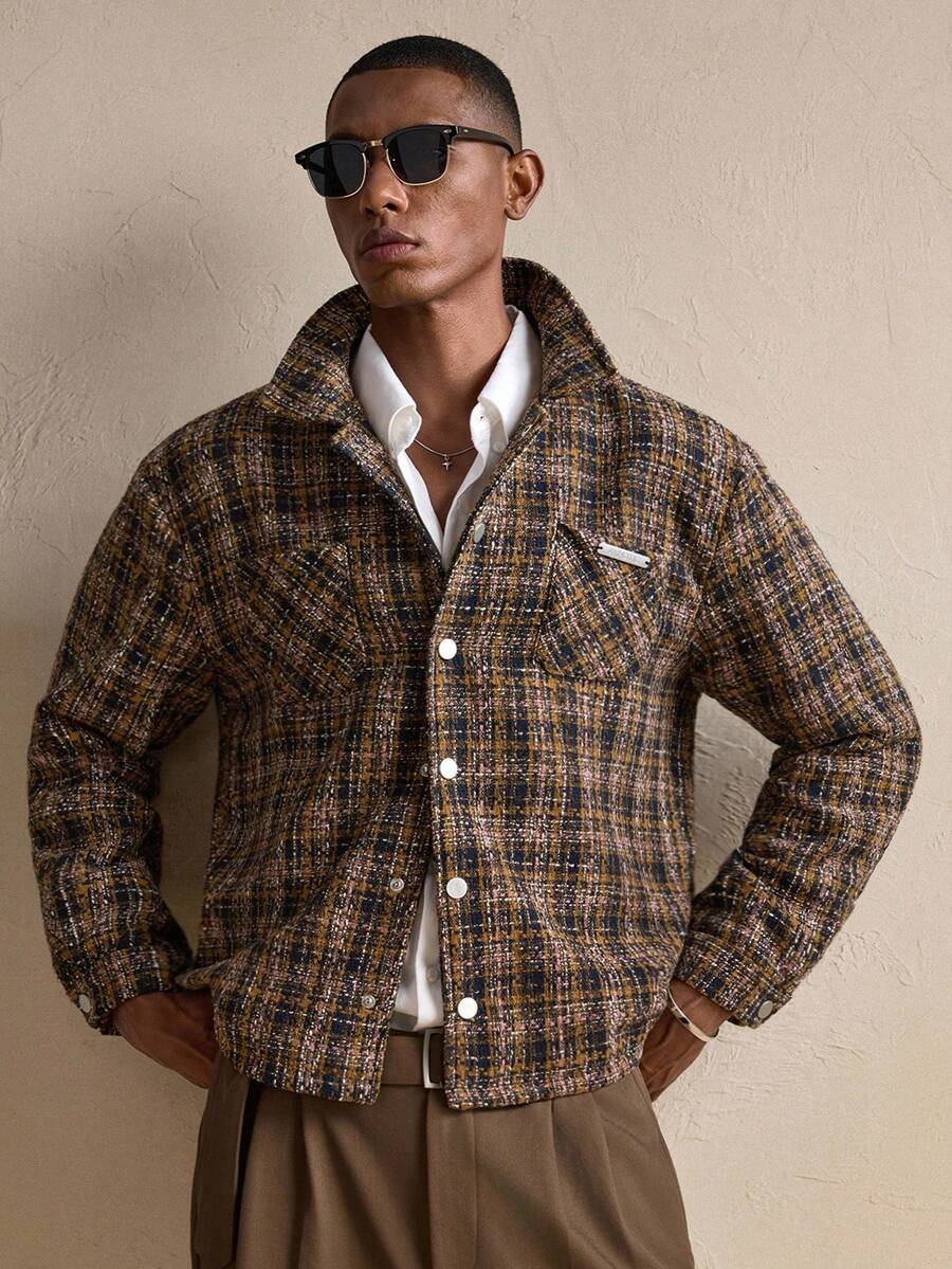 AKNOTIC 男士格子印花纽扣长袖衬衫外套，带口袋，适合秋季、冬季和圣诞节穿着。 - 彩色 - 查看 1