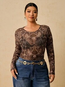 SHEIN VCAY Plus Size Casual Bohemian Geometric Print Brown Floral Pattern Round Neck Long Sleeve Fitted Knit Base Layer Top T-Shirt