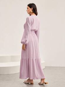 Veilorie Váy Abaya thời trang tay loe raglan cổ tròn màu trơn dành cho nữ bằng vải kết cấu - Màu Hồng baby - Xem 3