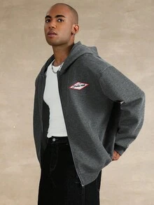 STYNVO Men's Casual Zip-Up Hoodie With Letter Embroidery, Dropped Shoulder, Long Sleeve, Autumn/Winter Mens Street Wear Zip Up Grey Zip Up - Dark Grey - View 4