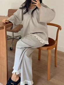 DAZY Tassel Patchwork Pleated Design Loose Women Pajama Set Fall Winter Clothes