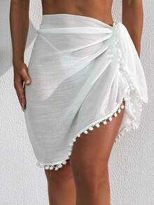 Swim Vcay Women's Beach Scarf With Tassel & Pom Pom, Bohemian Style Cover-Up & Sarong - White - View 4