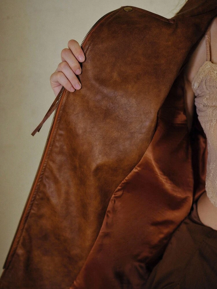 MOTF STUDIO PU LEATHER LAPEL COLLAR FRINGE DETAIL BUCKLE BELTED BIKER JACKET