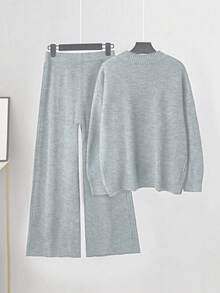 Linhara Setelan Pakaian Rumah Kasual Wanita Ukuran Besar, Leher Bulat, Bahu Longgar, Lengan Panjang, Sweater dan Celana Rajut, Musim Gugur/Dingin - Grey - View 2