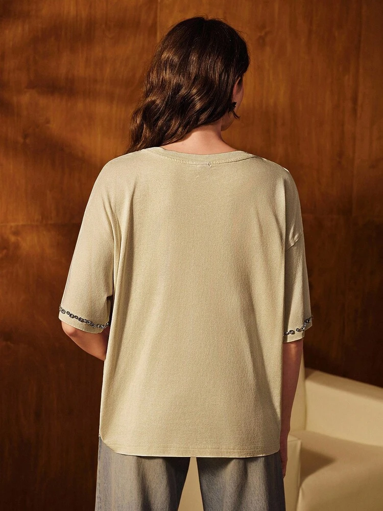 Camiseta negra de moda de primavera y verano con diamantes de imitación y lavado de nieve, para festivales de música, salidas, elegante, formal, chic, Año Nuevo