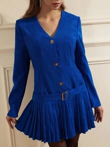 Chiquease 女式休闲灯芯绒褶边金属纽扣装饰长袖连衣裙（配同色腰带） - 寶藍色 - 查看 3