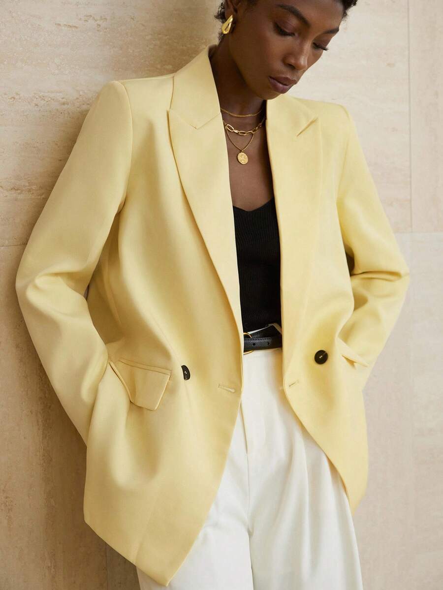 Aveloria Modichic Jaket Blazer Wanita Gaya Bisnis Warna Polos Kancing Ganda untuk Perjalanan Sehari-hari, Musim Gugur - Kuning - View 1