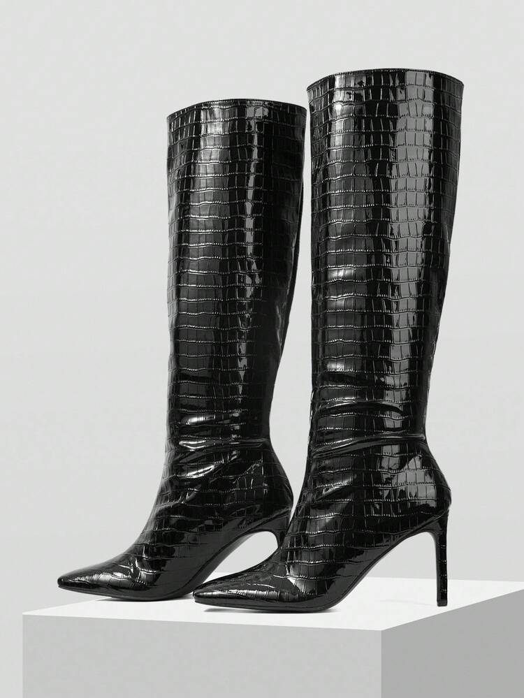 PLEATED PATENT LEATHER KNEE-HIGH RIDING BOOTS, SLIM TALL SHAFT STILETTO HEEL WOMEN BOOTS