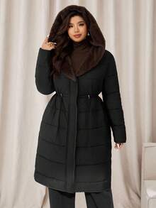 Auralis Plus Size Women's Autumn And Winter Fashion Casual Daily Brown Plush Splicing Black Mid-Length Waist Warm Coat,Women's Winter Clothes,Winter Outfits - Black - View 1