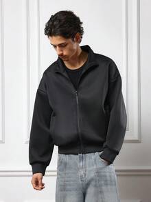 SUMWON 经典半拉链立领夹克超大简约都市街头风冬季秋季外套休闲现代套头衫时尚前卫设计宽松剪裁主打单品 - 黑色 - 查看 1