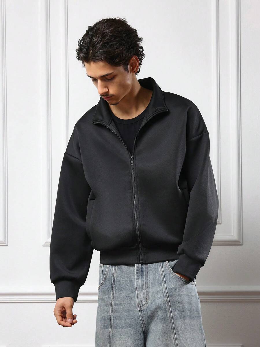 SUMWON 经典半拉链立领夹克超大简约都市街头风冬季秋季外套休闲现代套头衫时尚前卫设计宽松剪裁主打单品 - 黑色 - 查看 1