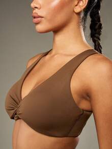 MISSGUIDED MSGD Athletic Performance Twist Front Sports Bra High Impact Workout Running Yoga Top Support Full Coverage Racerback Fitness Exercise Training - Brown - View 3