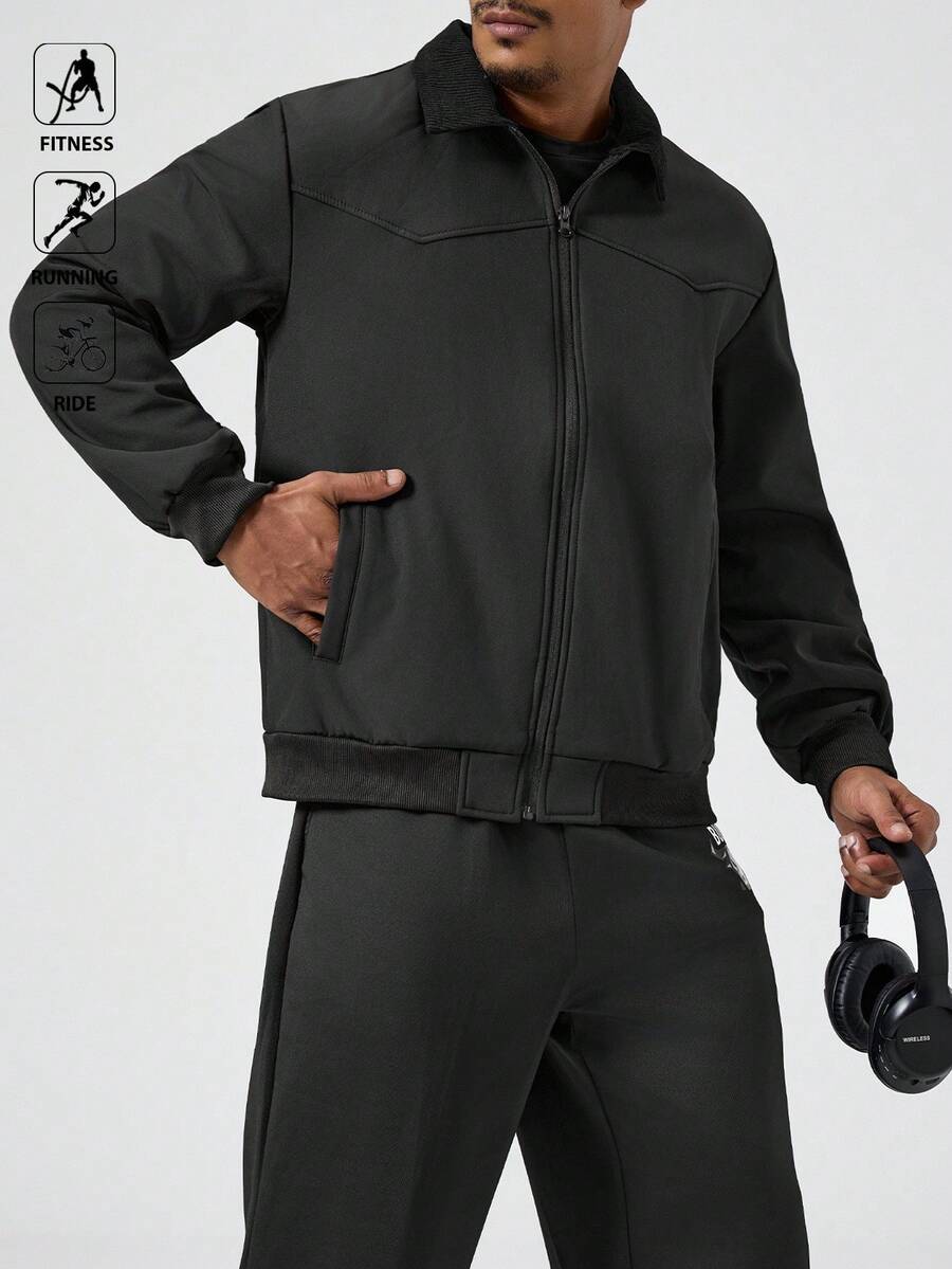 Manfinity Sport Polished Men's Stand Collar Thermal Lined Versatile Jacket, Autumn/Winter - Black - View 1