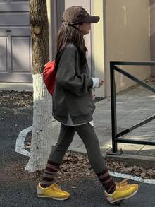 DAZY 2 件套 Tween Girls 圆领羊毛印花运动衫和紧身裤套装，秋季 - 灰色 - 查看 5