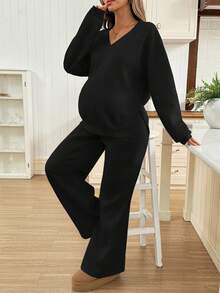 SHEIN Maternity 2pcs Casual Black Winter Clothes,Solid Color Top And Pants Set,Comfortable Lounge Sets For Photoshoot Fall Autumn Two Piece Set Women - Black - View 5