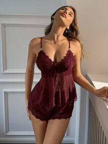 Aloruh 秋季优雅时令安哥拉红两件套。派对风格。时尚蕾丝水晶网纱吊带上衣和性感睡裤。适合圣诞节。女士内衣套装。两件套内衣套装。秋季女士睡衣短套装。 - 酒紅色 - 查看 9