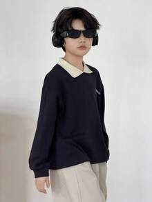 DAZY 秋季青少年男孩休闲撞色领长袖T恤 - 藏蓝色 - 查看 2