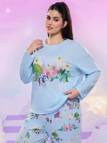 My Little Pony X SHEIN 大码小马印花长袖上衣和裤子睡衣套装，秋季可爱睡衣套装，女士圆领睡衣，舒适保暖，秋冬服装 - 彩色 - 查看 7