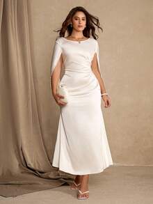 Roveilla Váy trơn màu thanh lịch cỡ lớn, thích hợp dự tiệc - Màu be - Xem 3