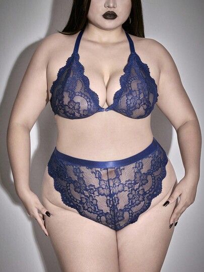 ROMWE Avant Conjunto de lencería sexy de encaje transparente y metálico de talla grande