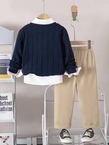 SHEIN Young Boy Casual Embroidered Cowboy Motif Round Neck Long Sleeve Shirt And Pants Set, Autumn Fall Winter - Navy Blue - View 2