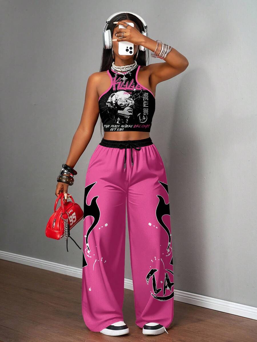 Slaydiva 2 件套女士休闲街头紧身吊带背心和宽松裤子套装/Y2k 服装/街头服饰/女士两件套/返校/休闲街头/适合嘻哈/卡通人物和火焰印花图案 - 彩色 - 查看 1