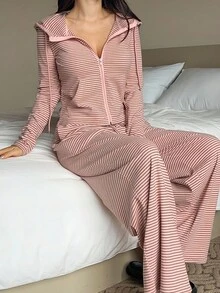 DAZY 女士条纹抓绒休闲连帽衫和长裤家居服套装，秋冬睡衣，舒适套装 - 粉色 - 查看 3