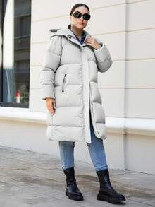 SHEIN Cottnline Plus Size Women Solid Color Long Sleeve Zipper Hooded Winter Jacket - Light Grey - View 3