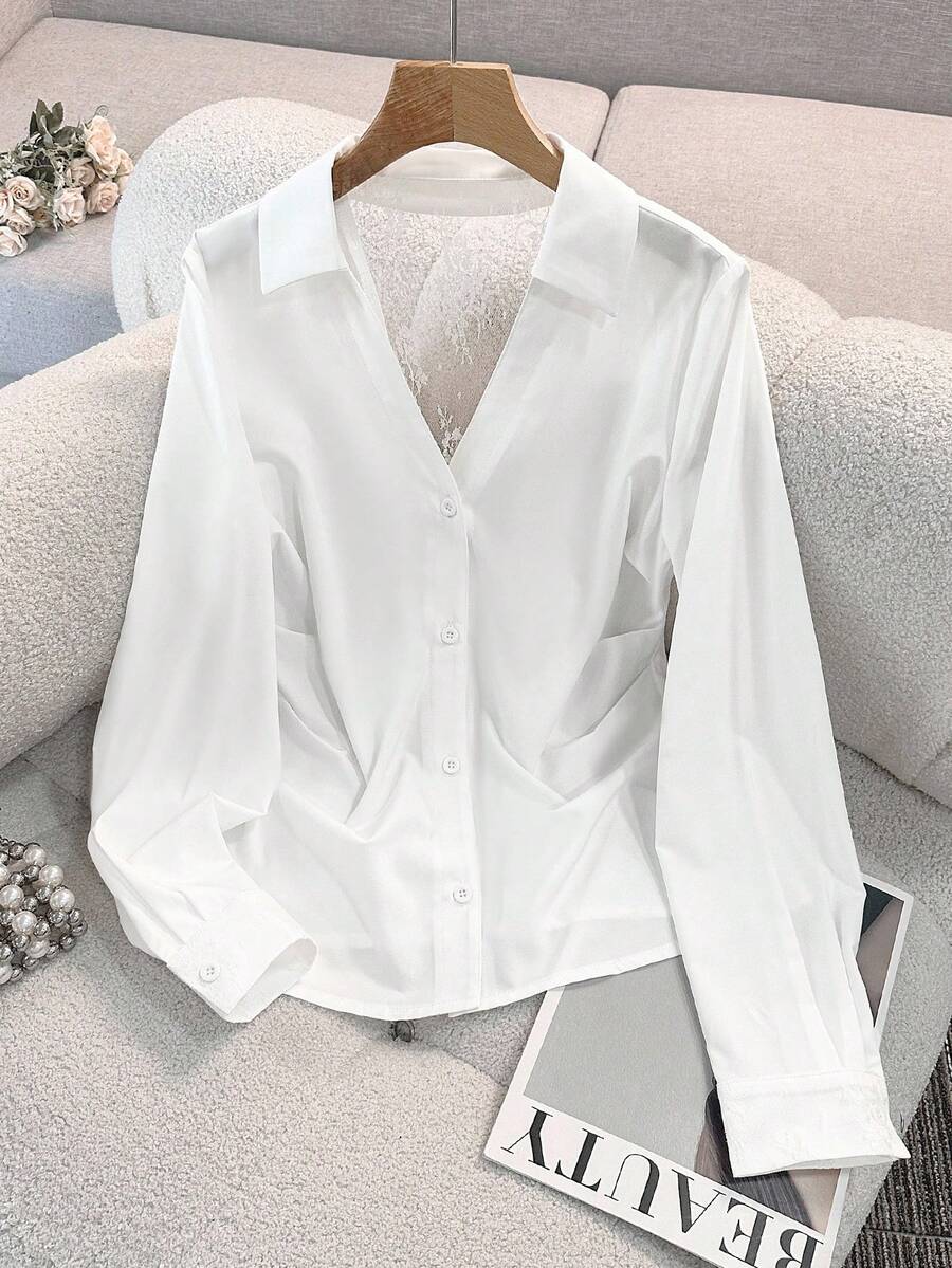 SHEIN Franclia Women's V-Neck Lace Patchwork Long Sleeve Casual Slim Fit Shirt, Back-To-School Season, Winter - White - View 1