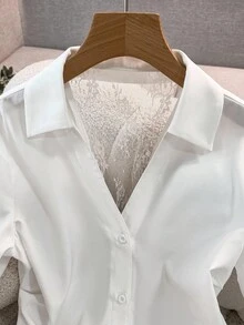 SHEIN Franclia Women's V-Neck Lace Patchwork Long Sleeve Casual Slim Fit Shirt, Back-To-School Season, Winter - White - View 5