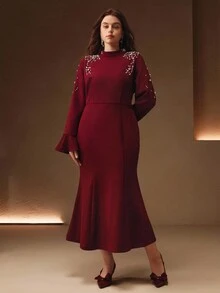 Anewsta Plus Size Women Elegant Party Rhinestone Decor Midi Fishtail Dress - Red - View 4