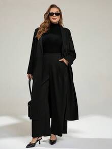 Auralis Plus Size Women's Spring And Fashion Casual Loose Comfortable Daily Versatile Slim Long Suit Jacket And Wide-Leg Pants Gray Suit Set,Old Money Style,Business Casual Woman,Office Outfits For Women,Work Wear, Outfits/ - Black - View 4