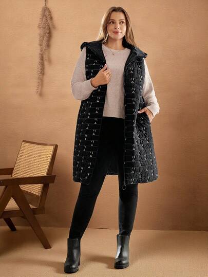 Rosumi Plus Size Women's Quality Casual Black And White Floral Embroidery Zipper Front Placket Casual Hooded Sleeveless Jacket Padded Coat, Warm Winter Fall Clothes For Women Winter Clothes Autumn