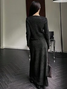 DAZY Bộ 2 món áo cardigan ôm sát, áo và chân váy, họa tiết hoa kẻ caro nền tối màu, thời trang công sở, thoải mái, lấp lánh, dự tiệc cưới, thu/đông cho nữ - màu đen - Xem 7