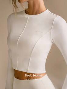GLOWMODE FeatherFit™-Warm Seam Dream Soft Stretchy Thumbholes Front Back Seam Detailing Cropped Crewneck Long-Sleeve Autumn Winter Daily Casual - White - View 4