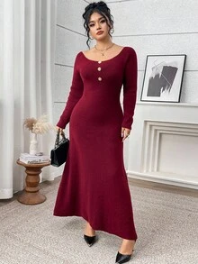 Modelyn 秋季大码女式优雅针织长袖连衣裙，纽扣设计，后背蝴蝶结装饰 - 酒紅色 - 查看 4