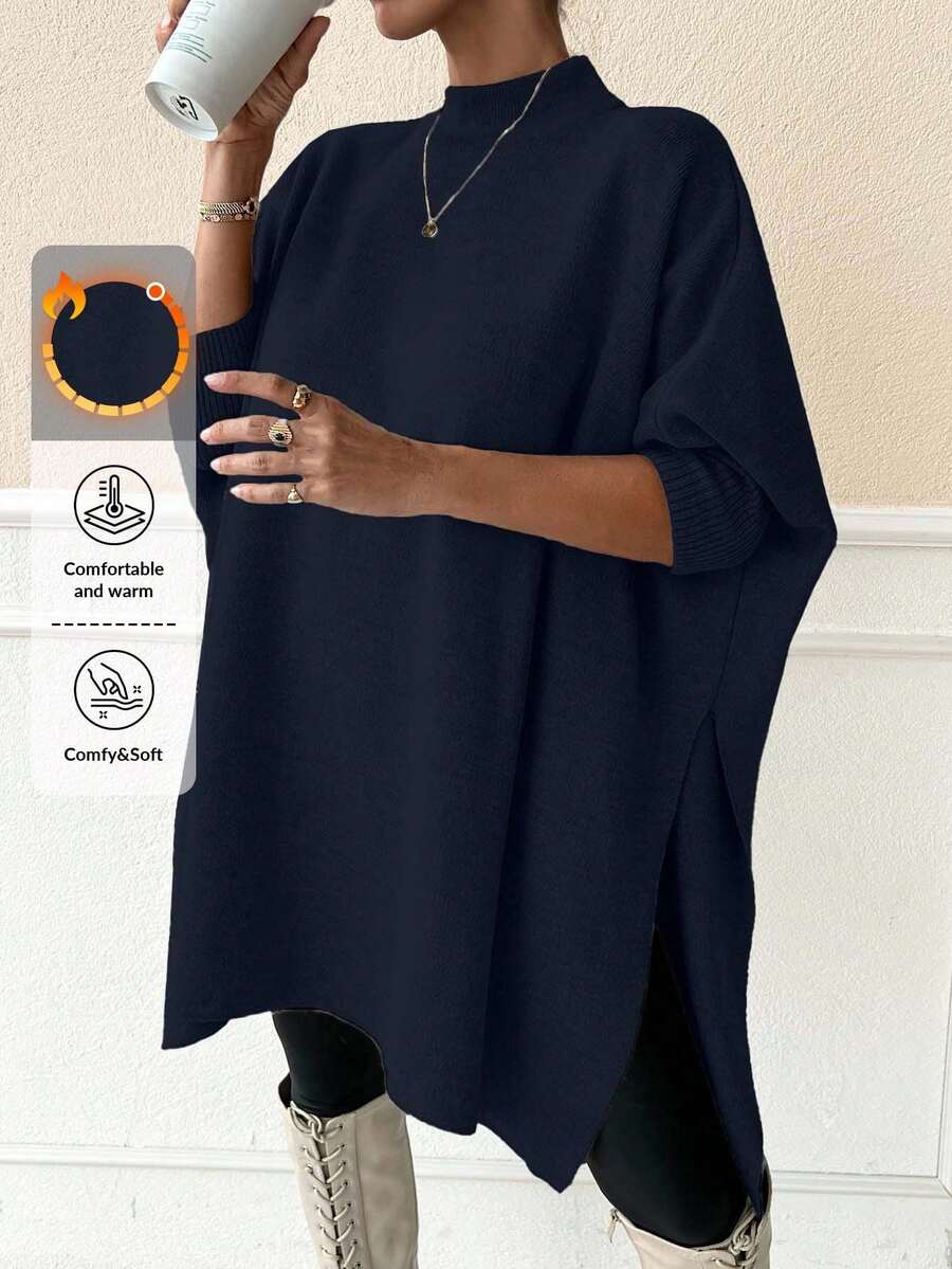 SHEIN Women Solid Color Mock Neck Half Sleeve Oversize Pullover