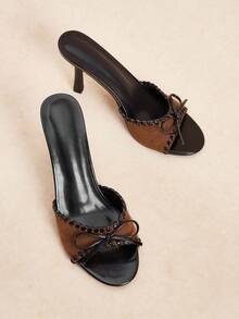 Rosivie Fashionable & Comfortable Bowknot Decor Round Toe Minimalist High Heel Mule Sandals - Brown - View 2