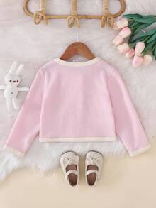 1pc Toddler Girl Pink Cardigan, Kids Button Sweaters - Pink - View 4