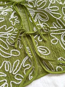 Soleia 女款度假風綠色提花針織白色刺繡V領上衣，對比色繫帶腰部設計，長版喇叭袖，適合派對、約會、疊穿 - 彩色 - 查看 6