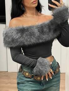 SHEIN ICON Áo thun dài tay trễ vai, cắt cúp thời trang màu trơn dành cho nữ - Màu xám đen - Xem 5