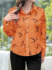 EMERY ROSE Plus Size Women Fall Casual Orange Plant Printed Long Sleeve Shirt - Orange - View 1