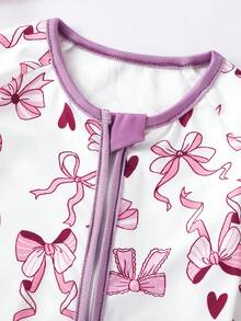 Baby Girls' Pink Bow & Digital Print Long Sleeve Zipper Front Jumpsuit Sleepwear, Snug Fit Fall Winter - Purple - View 5