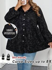 SHEIN CURVE+ Chemise décontractée à manches lanternes, à fleurs jacquard, à simple boutonnage, pour femmes grandes tailles