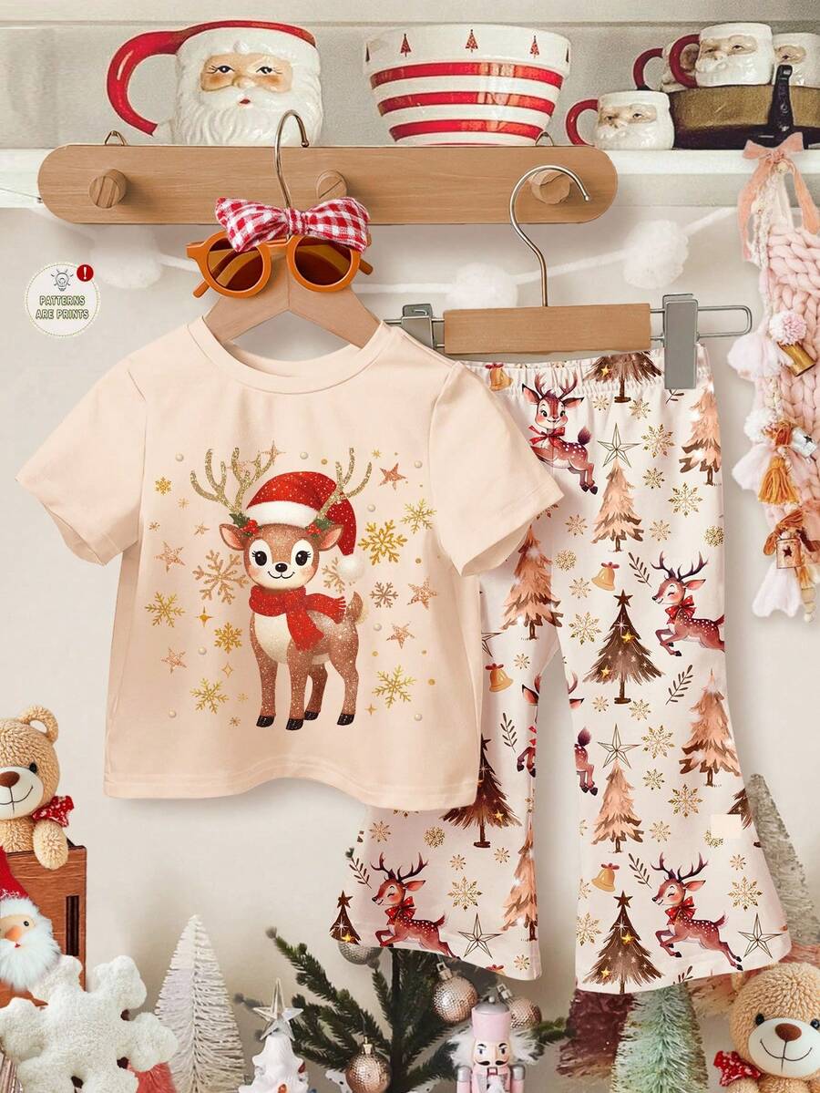 SHEIN Happikins 米白色,圣诞树、雪花、可爱驯鹿图案印花,女婴休闲简约短袖圆领T恤和喇叭裤套装,适合所有季节,居家、日常穿着,充满圣诞氛围,秋季穿搭,舒适透气,秋冬季女婴叠穿,时尚女童,休闲装,女婴图案服装,秋冬服装,适合圣诞节穿着 - 彩色 - 查看 1