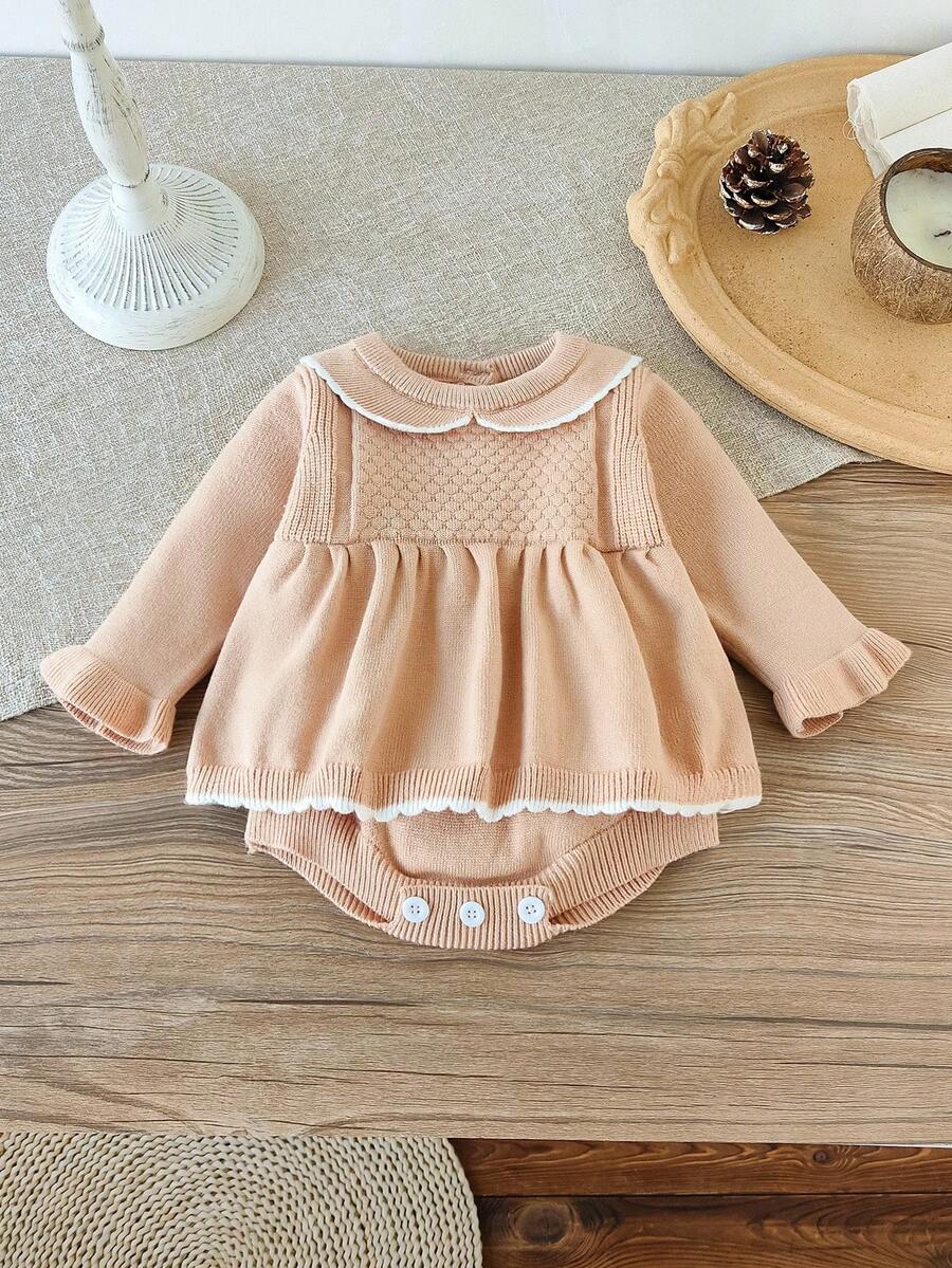 女婴撞色滚边可爱长袖毛衣连体衣秋冬款 - 米色 - 查看 1