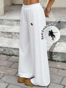 少女双面腰带，字母刺绣休闲阔腿裤，适合日常穿着、冬季、母女装，时尚秋季母女白色宽松阔腿裤 - 白色 - 查看 2