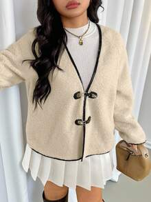 Firerie Veste décontractée rétro pour le retour à l'école, à manches longues, à double boutonnage,  avec boutons métalliques, doublée de sherpa, col en V, coupe ample, avec passepoil contrastant, pour femmes grandes tailles, pour l'automne/l'hiver