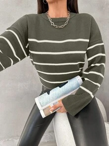 EURMUSE Women Striped Crew Neck Drop Shoulder Long Sleeve Casual Loose Knitted Sweater,Jumper,Cream Jumper,Jumpers,Black Jumper,Womens Jumper,White Jumper,Women's Jumper,Women's Jumpers,Winter Clothes - Army Green - View 6